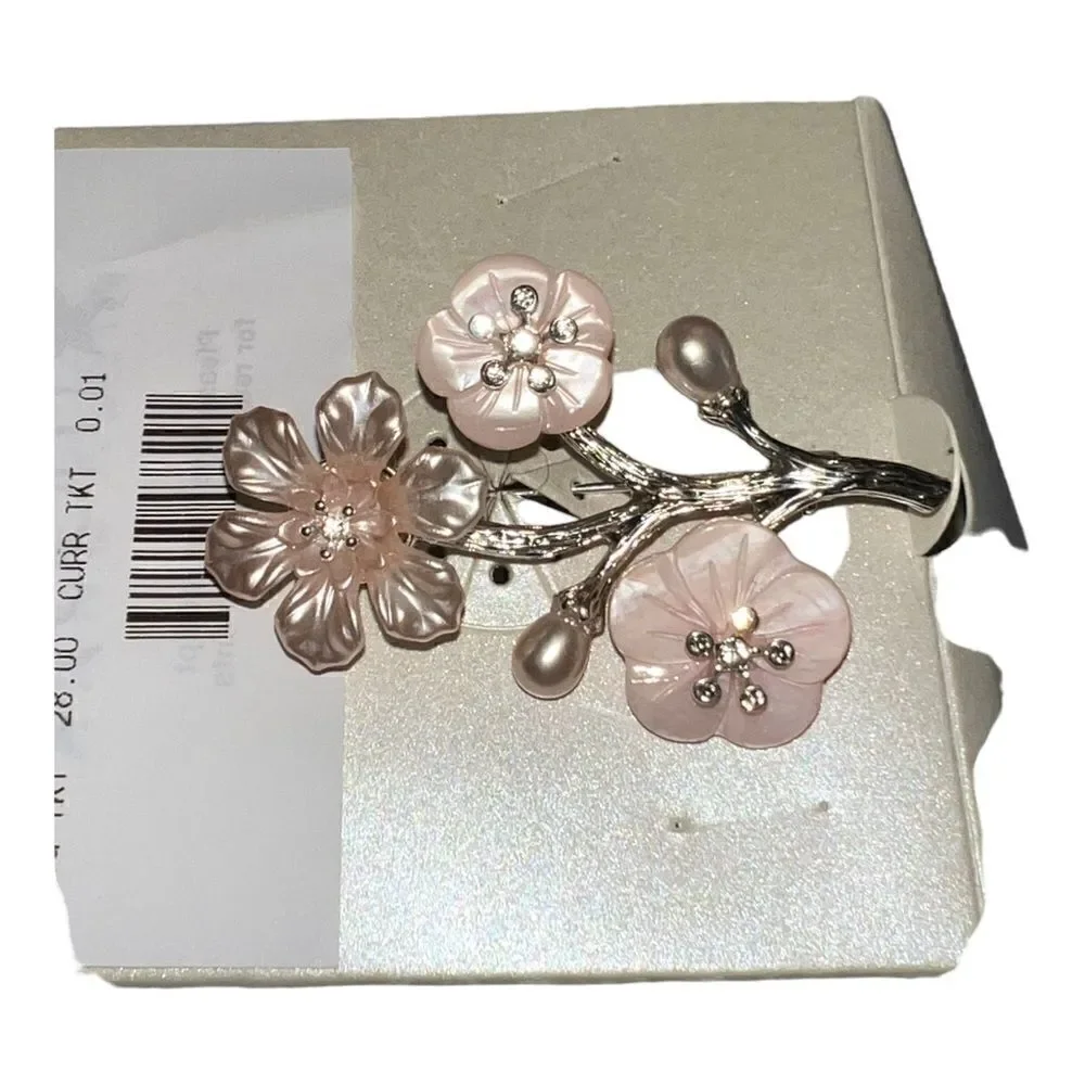 Anne Klein Silver-Tone Crystal & Mother-of-Pearl Pink Flower Pin Brooch New